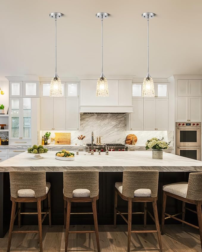 Brushed Nickel Pendant Lights Kitchen Island, 1-Light Hammered Glass Pendant Light Fixtures with Clear Glass and Rods, Modern Hanging Light for Kitchen Sink Dining Room Bedroom, E26