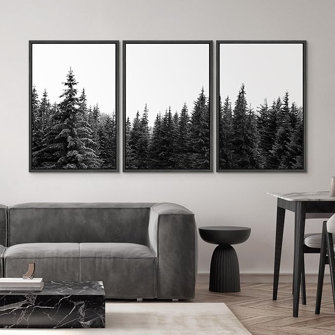 SIGNWIN 3 Piece Framed Canvas Wall Art Woodland Nursery Decor Black and White Forest Photo Nature Illustrations Abstract Traditional Home Artwork Decoration for Living Room,Bedroom - 16"x24"x3 Black