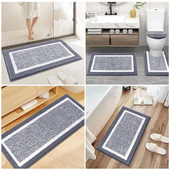 Pauwer Bathroom Rugs Set 5 Piece, Plush Absorbent Microfiber Bath Mats for Bathroom, Non Slip Washable Bath Rug Set with U Shaped Contour Toilet Rugs, Shower Rug and Toilet Lid Cover, Dark Grey