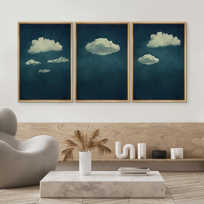 SIGNWIN 3 Piece Framed Canvas Wall Art A Series of White Clouds in The Blue Sky Nature Wilderness Illustrations Abstract Traditional Home Artwork for Living Room,Bedroom - 16"x24"x3 Natural