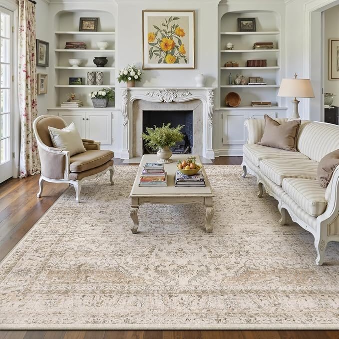 10x14 Beige Vintage Area Rug for Living Room Bedroom Large Traditional Low Pile Soft Carpet Non-Slip Thin Retro Distressed Accent Washable Throw Rug for Dining Room Office Kitchen Indoor