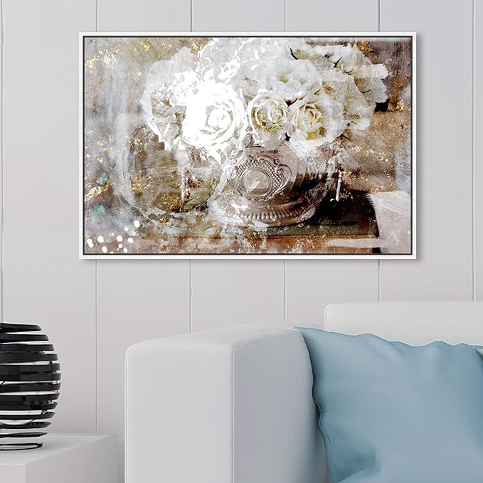 The Oliver Gal Artist Co. Floral and Botanical Framed Wall Art Canvas Prints 'Serving Roses' Florals, White, Gold, 30" x 20"