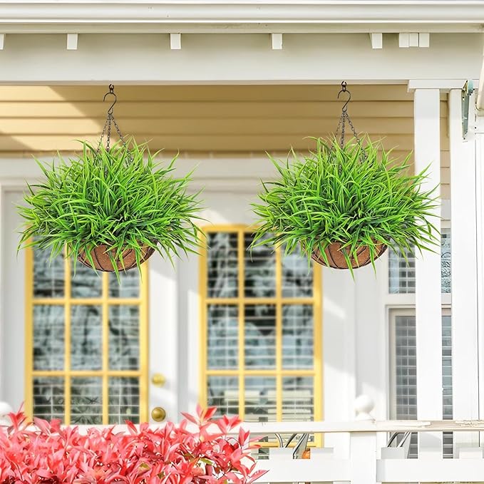 KHOYIME 2 Set Artificial Hanging Plants Basket for Outdoors Indoor, Faux Green Grass Baskets Fake Greenery Stems Planters UV Resistant Spring Summer Decor for Home Garden Porch Balcony Patio Yard