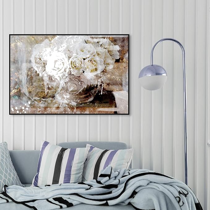Floral and Botanical Framed Wall Art Canvas Prints 'Serving Roses' Florals, White/Gold, 45" x 30"