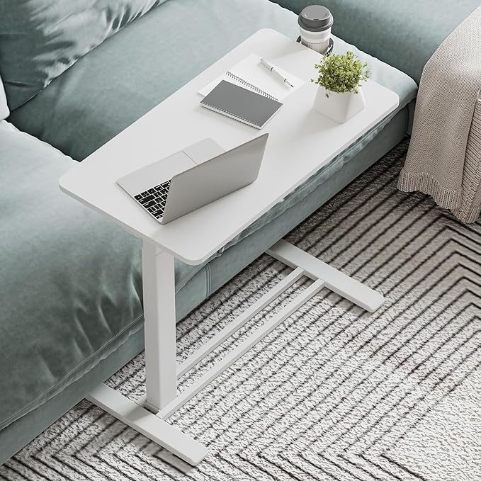 Medical Overbed Adjustable Bedside Table with Hidden Casters, Pneumatic Mobile Rolling Laptop Standing Desk with Tray for Home and Hospital Use, White Table Top + White Edging