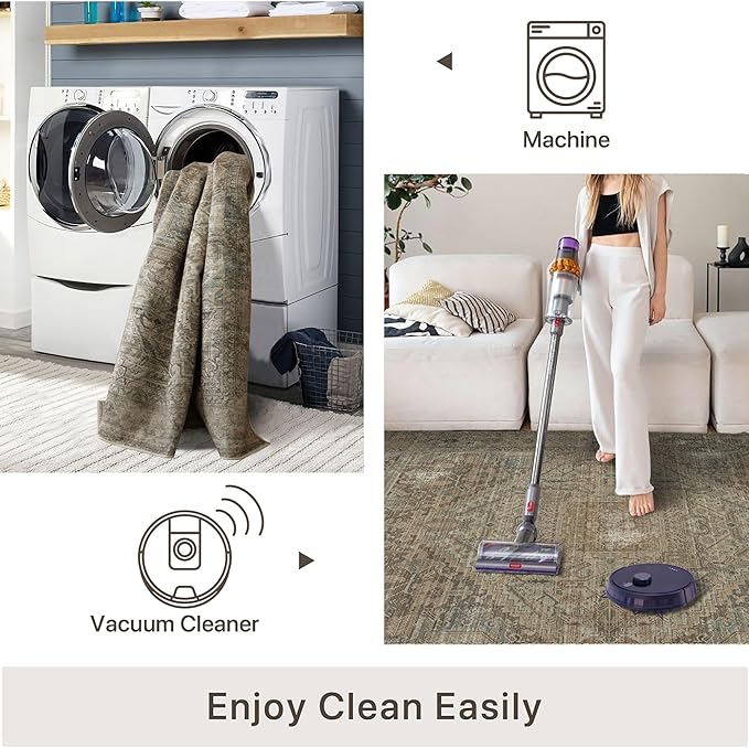 vivorug Runner Rug 2x10 Machine Washable Rug with Non-Slip Backing, Ideal for Kitchen Hallway Entryway Laundry Room - Vintage, Durable, Easy Clean, Low Pile Carpet Runner Olive