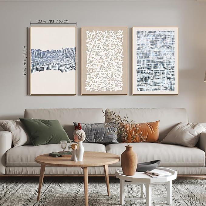 SAFERRYHOME Mid Century Neutral Blue Contrast Boho Wall Art - Modern Framed Canvas Prints Large Abstract Zen Lines Geometric Pattern Decor for Living Room, Home Office, Dining Room - 3 Pieces 24x36 Inch