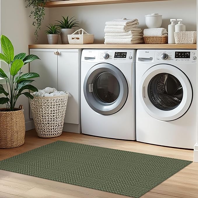 IOHOUZE Washable Runner Rug 2x5 Non Slip Runners for Hallways Entryway Runner Indoor, Kitchen Throw Rug Woven Cotton Floor Carpet for Hall Entrance Bedroom, Olive Green/Dusty Green