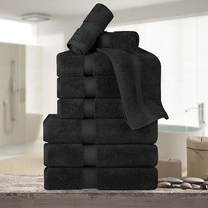 BNM Egyptian Cotton Heavyweight Towels, Ideal For Bathroom, Shower, Spa, Hotel, 800 GSM, Face/ Washcloths, Hand Towels, Bath Towels, Highly-Absorbent, Luxury Home Basics, 9 Piece Towel Set, Black