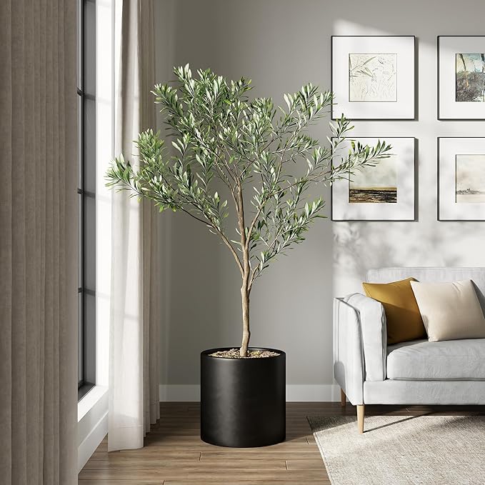 DTY Signature Mount Powell Fiberstone Planter - 16 Inch Extra Large Black Cylindrical Mid-Century Modern Home Decor Indoor & Outdoor Plant Pot - Durable Planters for Indoor Plants, Outdoor Spaces