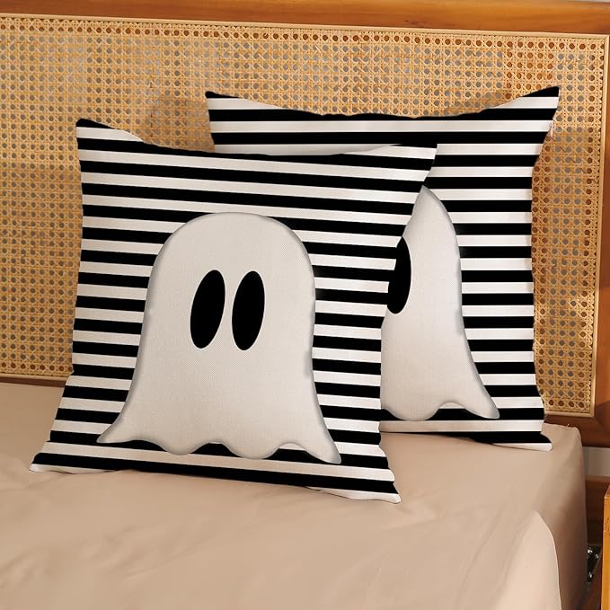 Halloween Pillow Covers 16x16 Set of 2 Cute Black Stripe Ghost Throw Pillow Covers Halloween Pillows Decorative Pillow Covers for Halloween Home Decoration Cushion Case for Couch Sofa Decor