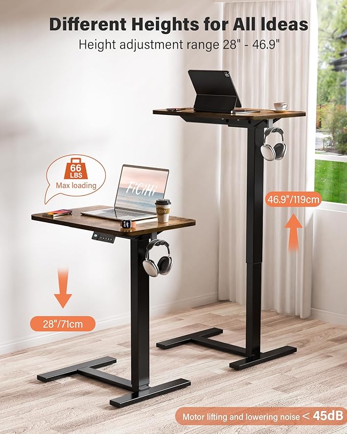 Mobile Standing Desk with Wheels - Electric Height Adjustable Small Movable Laptop Desk, Portable Rolling Computer Sit Stand Side Table for Home Office, Sofa&Bedside Use (27.6",Rustic Brown)