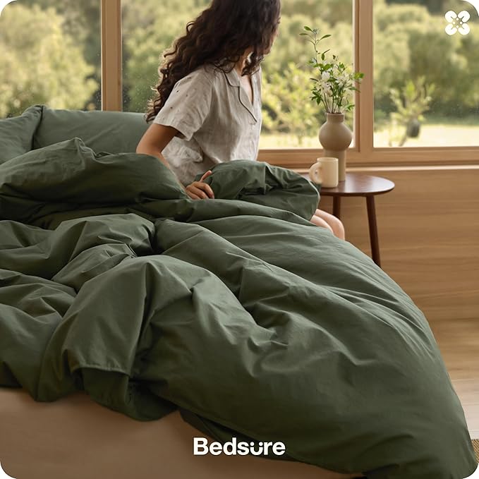 Bedsure Cotton Duvet Cover Queen - Luxury Slub Weave 100% Cotton Duvet Cover Set with a Linen Like Textured, Easy Change Durable Bedding Set 3 Pieces, Olive Green, 90" x 90"