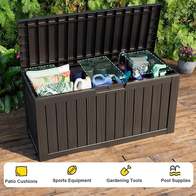 ROJIK Outdoor Storage Housing Deck Box - Waterproof Patio Furniture, Garden Tools, Cushions, Pool Accessories Storage Bench with Lockable Lid and Side Handles (Black 88 Gal)