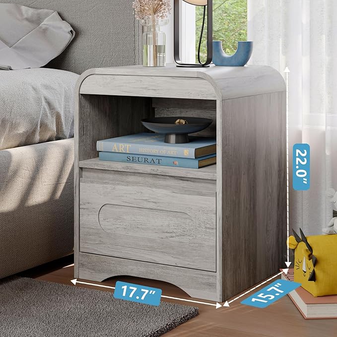 Grey Nightstand Set of 2, Nightstand with Drawers, 22" Modern Nightstands Bed Side Table Large Bedside Stand 18" Wide End Table for Bedroom Living Room Sofa Office,Curved Profile Design
