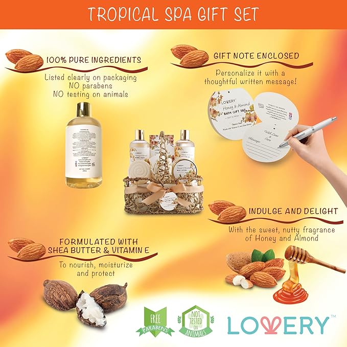 Womens Gifts, Gift Baskets for Women Who Have Everything, Home Spa Honey & Almond Scent, Luxury Bath & Body Set - Shower Gel, Bubble Bath, Body Lotion, Salts, Bath Bomb, Bath Puff & Handmade Basket