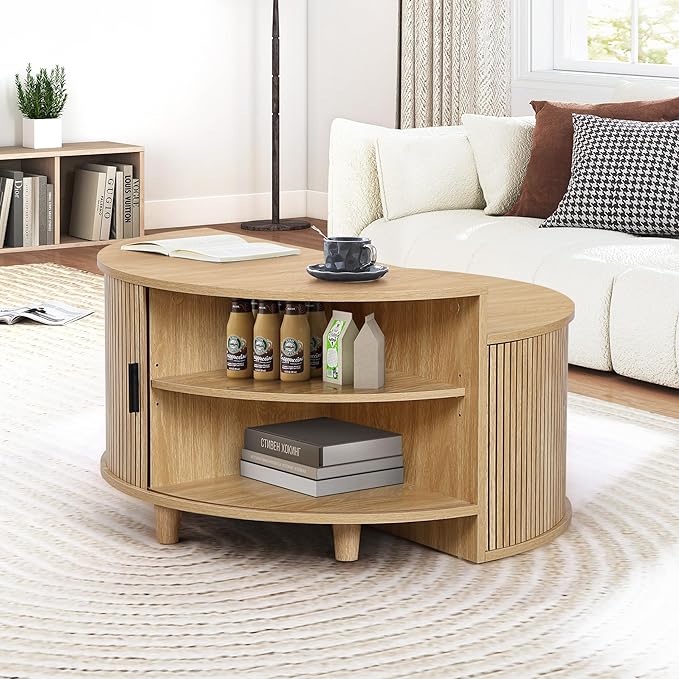 Round Coffee Table, Fluted Coffee Tables with Sliding Doors, Modern Circle Accent Center Table with Storage for Living Room, Apartment, Home Office (Natural)