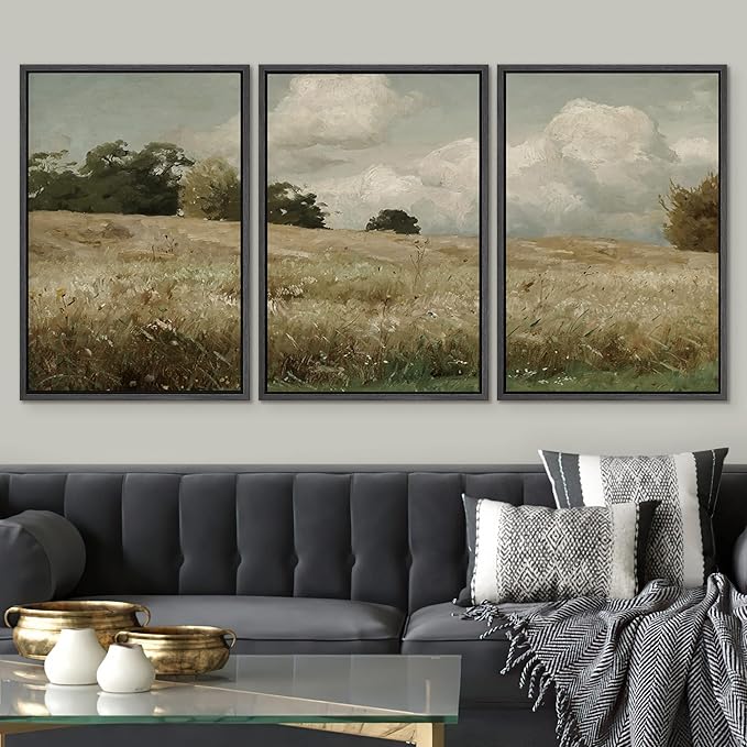 SIGNWIN Framed Canvas Print Wall Art Woodland Nursery Decor Set Watercolor Country Field Landscape Pasture Nature Abstract Fine Art Nordic for Living Room, Bedroom, Office - 16"x24"x3 Black