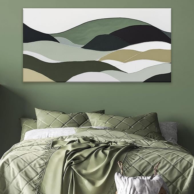 TAIJXAGSG Abstract Wall Art For Living Room Modern Canvas Art Wall Decor Green Wall Art Bedroom Office Decor Abstract White Wall Art Painting Ready To Hang Wall Irregular Shapes Pictures 24 × 48 In