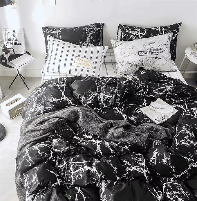 Luxlovery Black Marble Comforter Set Twin Black Bedding Set Men Boys Modern Comforter Cozy Abstract Black White Marble Quilts Blanket Dorm Preppy Comforter Set for Kids Teens