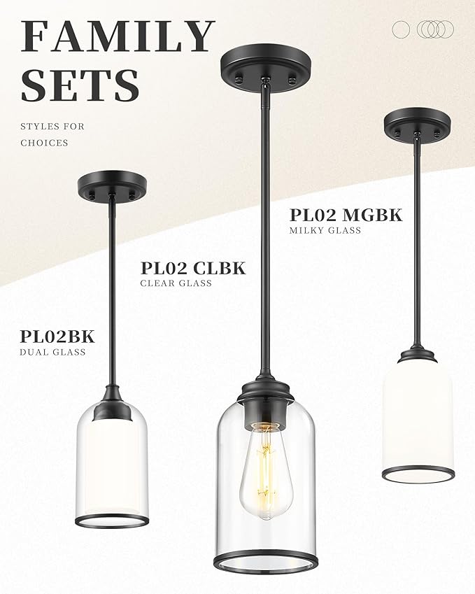LIROUVET 2 Pack Pendant Lights Kitchen Island, Dual Glass Pendant Lights, Black Hanging Lamp with Clear and Milk Glass, Industrial Pendant Light Fixtures for Dining Room PL02BK-2PK