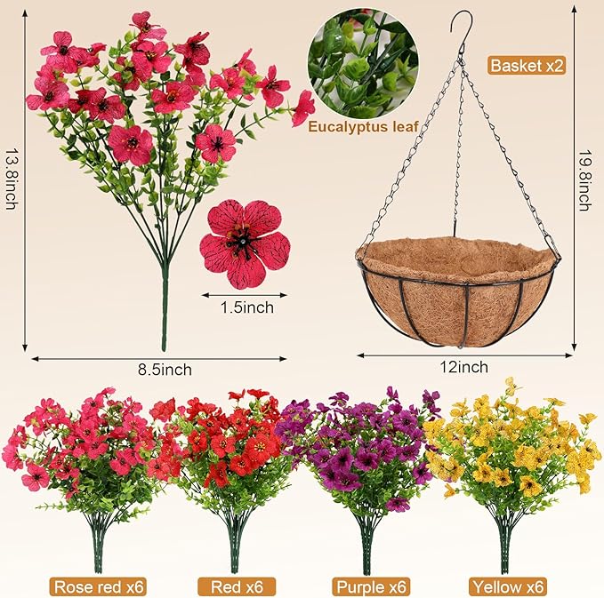 Geegoods 2 Set Artificial Hanging Plants Flowers Basket for Outdoor, Fake Faux UV Sun Resistant Look Real Colorful Violet Hanging Flowers for Spring Summer Porch Home Patio Balcony Yard