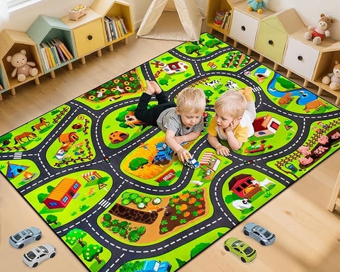 Kids Farm Play Rug, 5' x 7' FT Happy Farm Activity Playmat, Extra Thick (0.4in) - Non-Slip Car Rugs for Kids' Toy Cars, Educational Play Mat Race Track Carpet for Kid's Room, Bedroom and Learning