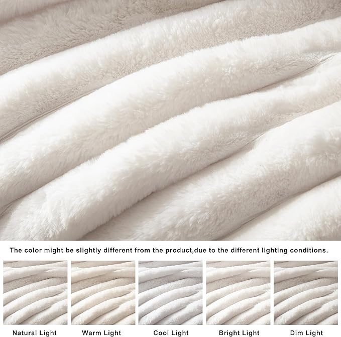 WDCOZY Faux Fur Throw Blanket Striped Super Soft Cozy Fluffy Luxurious Blankets Couch Bed Sofa Chair Home Decor Warm Furry Fall Winter Plush Lightweight Rabbit Fur Bubble Blanket 60" x 80", Ivory