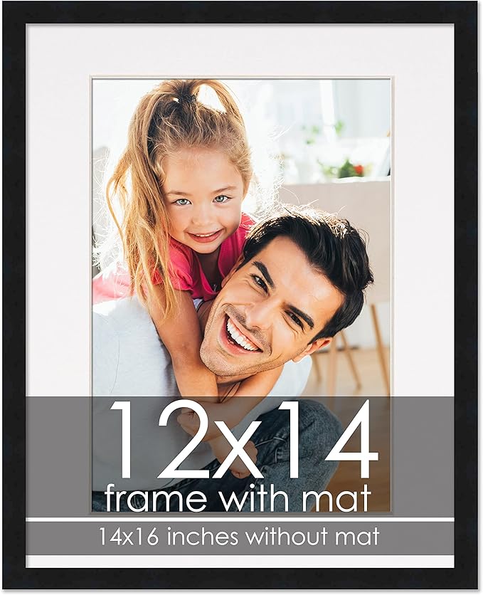 12x14 Black Frame with White Mat - Black 14x16 Frame Wood Made to Display Print or Poster Measuring 12 x 14 Inches with White Photo Mat
