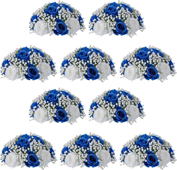 NUPTIO Babys Breath Artificial Flowers: 10 Pcs 8.6 inch Diameter Royal Blue Fake Rose Ball Arrangement Bouquet Centerpiece for Wedding Tables Event Party Decor