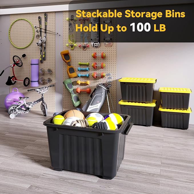 Nazhura 97 Quart Plastic Storage Bin, Stackable and Nestable Storage Boxes with Yellow Lids and Secure Latching Buckles, Large Storage Container (Black/Yellow, 97Quart-4Pack)
