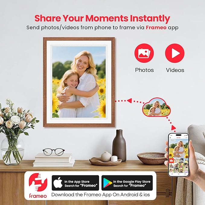 15 Inch Large Digital Picture Frame, Frameo Digital Frame WiFi with 4:3 HD IPS Touch Screen 32GB Storage, Support Tabletop&Wall Mounted, Share Photos/Videos Instantly from Anywhere, Gifts for Mom