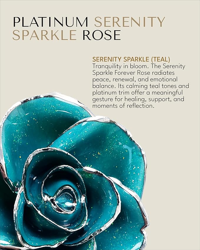 Forever Rose Real Serenity Sparkle Rose with Glittery Teal Platinum Trimmed Petals and Platinum Stem, Handcrafted Preserved Rose in Gold Gift Box, Romantic Gift for Her, Elegant Gift for Any Occasion