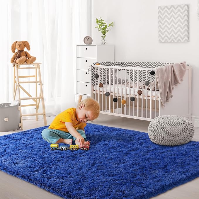 Small Bedside Rug, 3x5 Non Slip Fluffy Shaggy Entryway Throw Rugs for Bedroom Living Room, Indoor Floor Carpet for Kids Girls and Boys, Nursery Rooms Mat, Home Decor Aesthetic, Blue