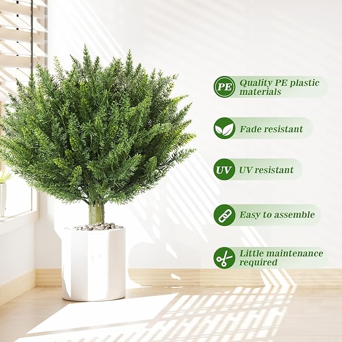 Set of 4 Artificial Cypress Topiary Outdoor Plants with Metal Spike 20", UV Resistant Faux Cedar Shrubs, Fake Shrubs Plants for Front Porch,Garden, Yard, Porch, Patio Decor