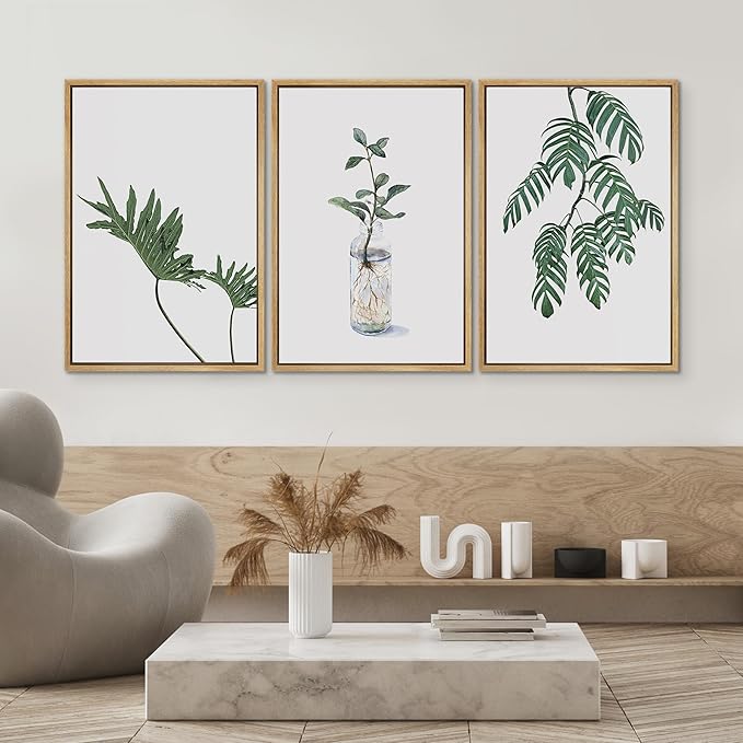 SIGNWIN Framed Wall Art Print Set Trio of Jungle Palms & Snake Succulents Floral Plants Photography Modern Art Minimalist Black and White for Living Room, Bedroom, Office - 24"x36"x3 Natural