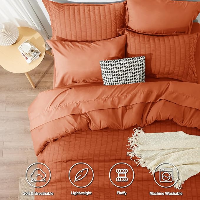CozyLux Queen Comforter Set Burnt Orange Seersucker 7 Pieces Bed in a Bag Queen Comforter Set with Sheets Terracotta Luxury Bedding Set with Down Alternative Comforter, Sheets, Pillowcases & Shams