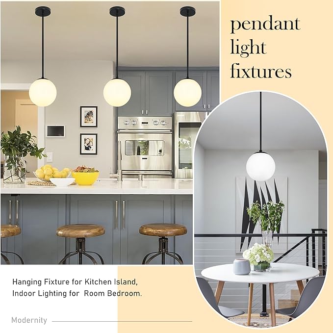8" Globe Pendant Light Black Mid Century Modern Light Fixture Milk Glass Pendant Light Globe Pendant Lights Kitchen Island Matte Black Finished with Milk Glass Lampshade for Dining Room