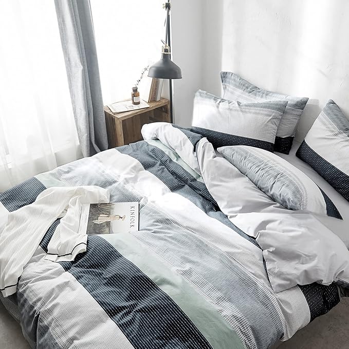 VM VOUGEMARKET Stripes Duvet Cover Set Twin,Blue Green Striped Duvet Cover with 2 Pillowcases for Teens,100% Cotton Modern Cozy Comforter Cover with Zipper Closure & Corner Ties 68"x90"(3pcs,Twin XL)