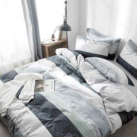 VM VOUGEMARKET Bedding Striped Duvet Cover Queen,3 Pieces Blue Gray Duvet Cover Sets, Cotton,Modern Simple Comforter Cover for Teens Men-Full/Queen,Martin