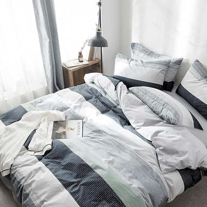 VM VOUGEMARKET Striped Bedding Duvet Cover Set King,3 Pieces Gray Blue Duvet Cover Sets,100% Cotton Modern Simple Comforter Cover with Zipper-King,Martin