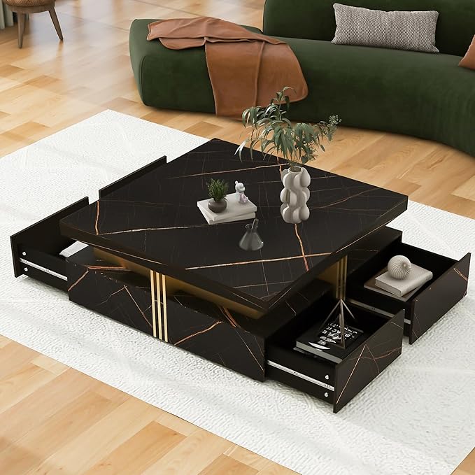 Merax Coffee Table, Modern Square Coffee Table with 4 Drawers, Contemporary Luxury Center Table Cocktail Table with Gold Accents for Living Room, 43.3" Lx 43.3" W (Black)