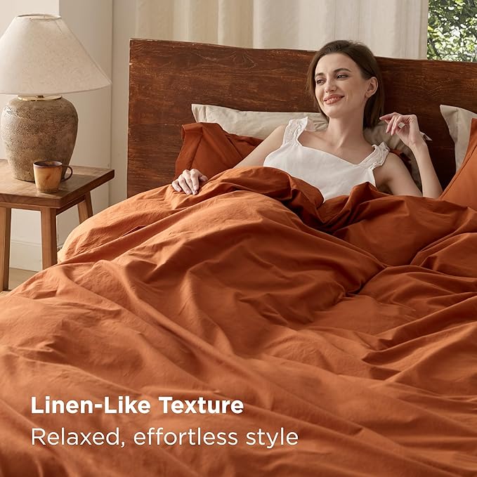 Bedsure 100% Washed Cotton Duvet Cover Queen Size - Burnt Orange Minimalist Duvet Cover Linen Like for All Seasons - GentleSoft™ Plain Simple Bedding, 3 Pieces (Burnt Orange, Queen, 90"x90")