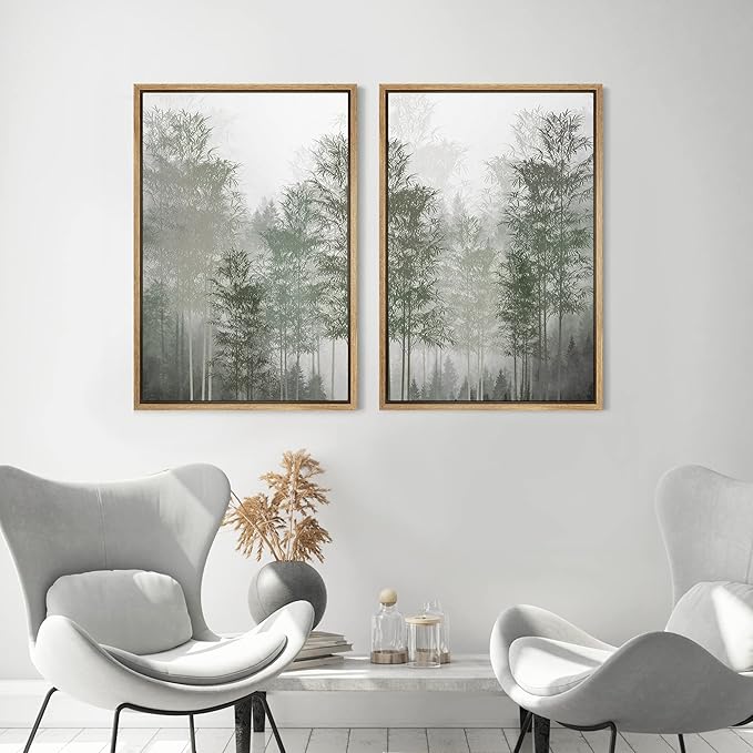 MUDECOR Framed Canvas Print Wall Art Pastel Watercolor Misty Fog Forest Tree Wilderness Nature Illustrations Modern Art Decorative Calm/Relax Multicolor Rustic Minimal for Bedroom - 16"x24"x2 Natural