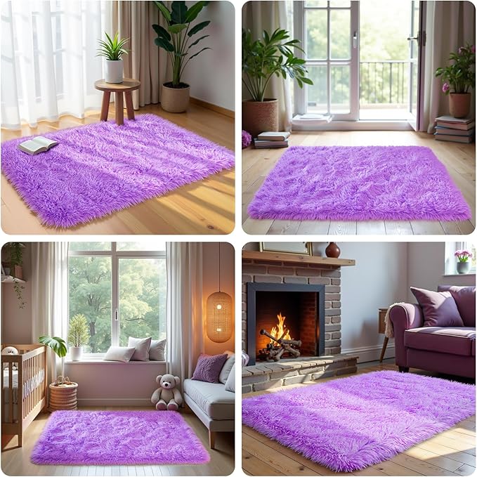 Purple Area Rugs for Bedroom Living Room, 2x3 Soft Fluffy Fuzzy Shag Plush Furry Carpet, Large Indoor Floor Mat for Kids Nursery Home Dorm Office Decor Aesthetic