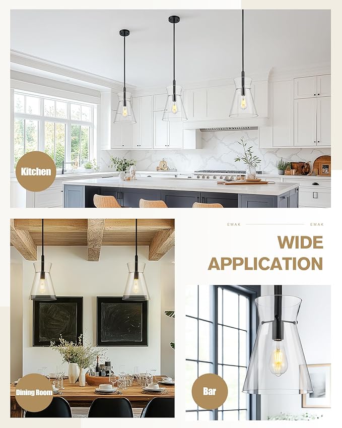 Emak 9 Inch Black Pendant Light, 2 Pack Large Pendant Lights Kitchen Island with Clear Glass Shade, Modern Farmhouse Hanging Light Fixture for Kitchen, Dining Room, Bathroom, PL130-BK-CG-2PK