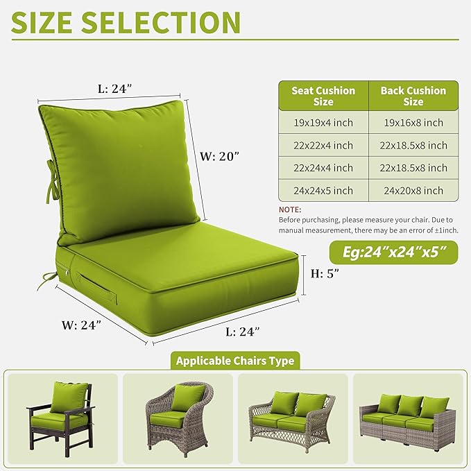 Premium Outdoor Seat Cushion Chair Cushions for Patio Furniture 24 L X 24 W X 5 H Waterproof & Fade Resistant Deep Seat and Backrest Cushion Set with Removable Covers for Chair, Sofa