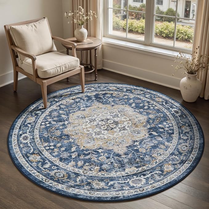 PADOOR-Vintage 6FT Round Rug-Rugs for Living Room-Soft Blue Circle Rug-Machine Washable Rugs for Bedroom-Non Slip Carpet-Rug for Dining Room Living Room Bedside Office