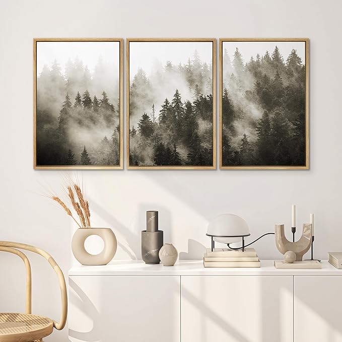 SIGNWIN Framed Canvas Print Wall Art Woodland Nursery Decor Set Duotone Blue Misty Pine Tree Forest Nature Modern Art Rustic Landscape Colorful for Living Room, Bedroom, Office - 16"x24"x3 Natural