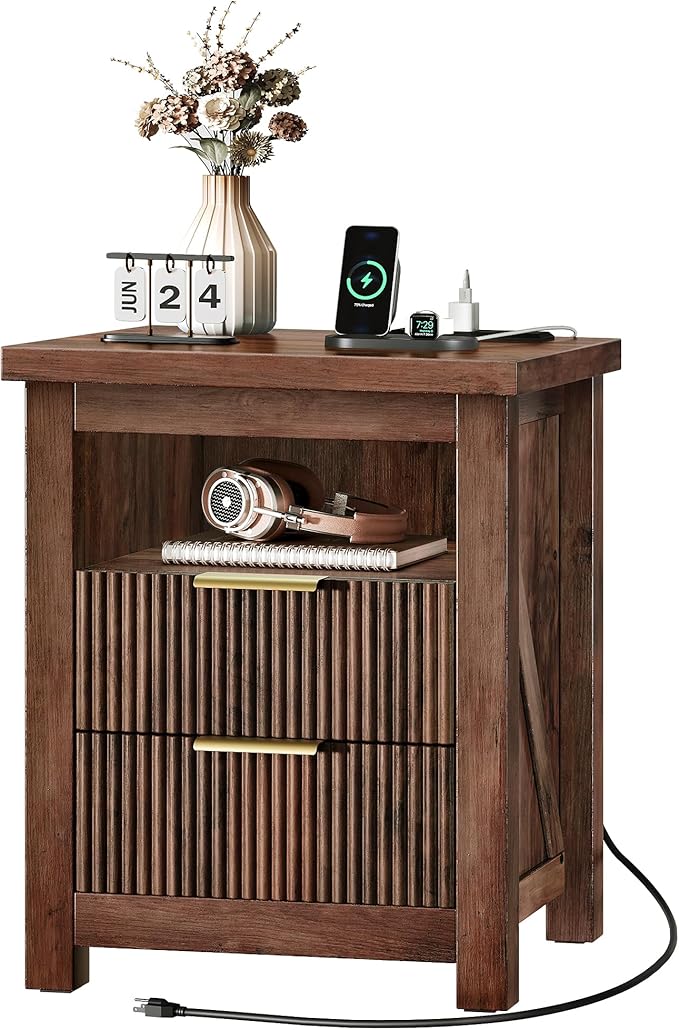 Fluted Nightstand, End Table with Charging Station and 2 Drawers, Farmhouse Nightstands with Fluted Panel, Engineered Wood Side Table for Bedroom Walnut MBZ06UHT